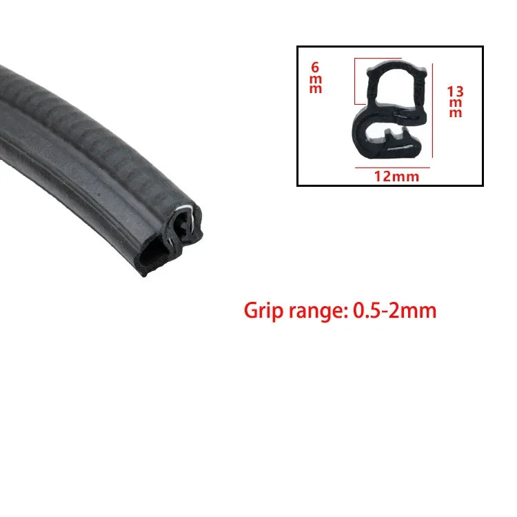 Black U-shaped EPDM rubber edge trim with dimensions and grip range specifications