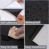 Images showing self-adhesive waterproof wallpaper being installed and cleaned on a dark surface.