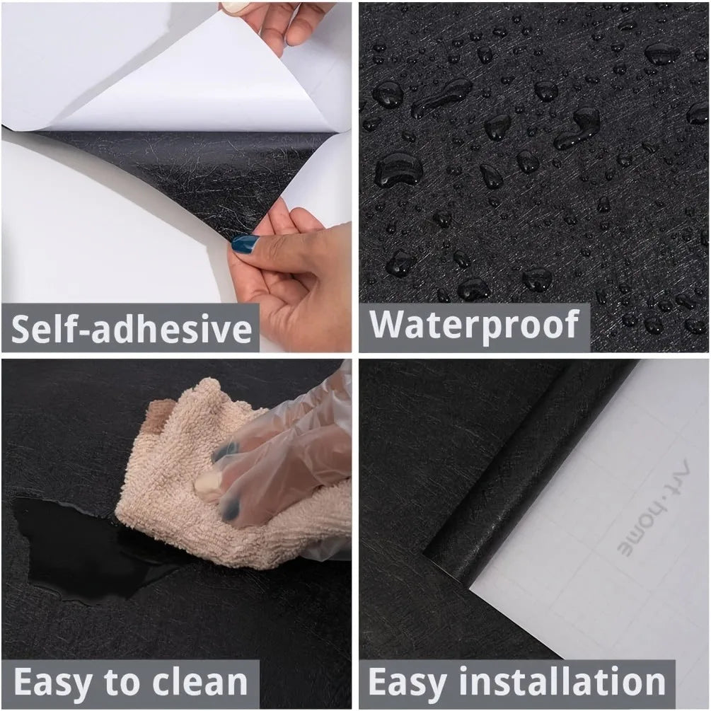 Images showing self-adhesive waterproof wallpaper being installed and cleaned on a dark surface.