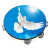 A wooden hand tambourine with steel jingles is shown against a bright blue sky with a white dove in flight.