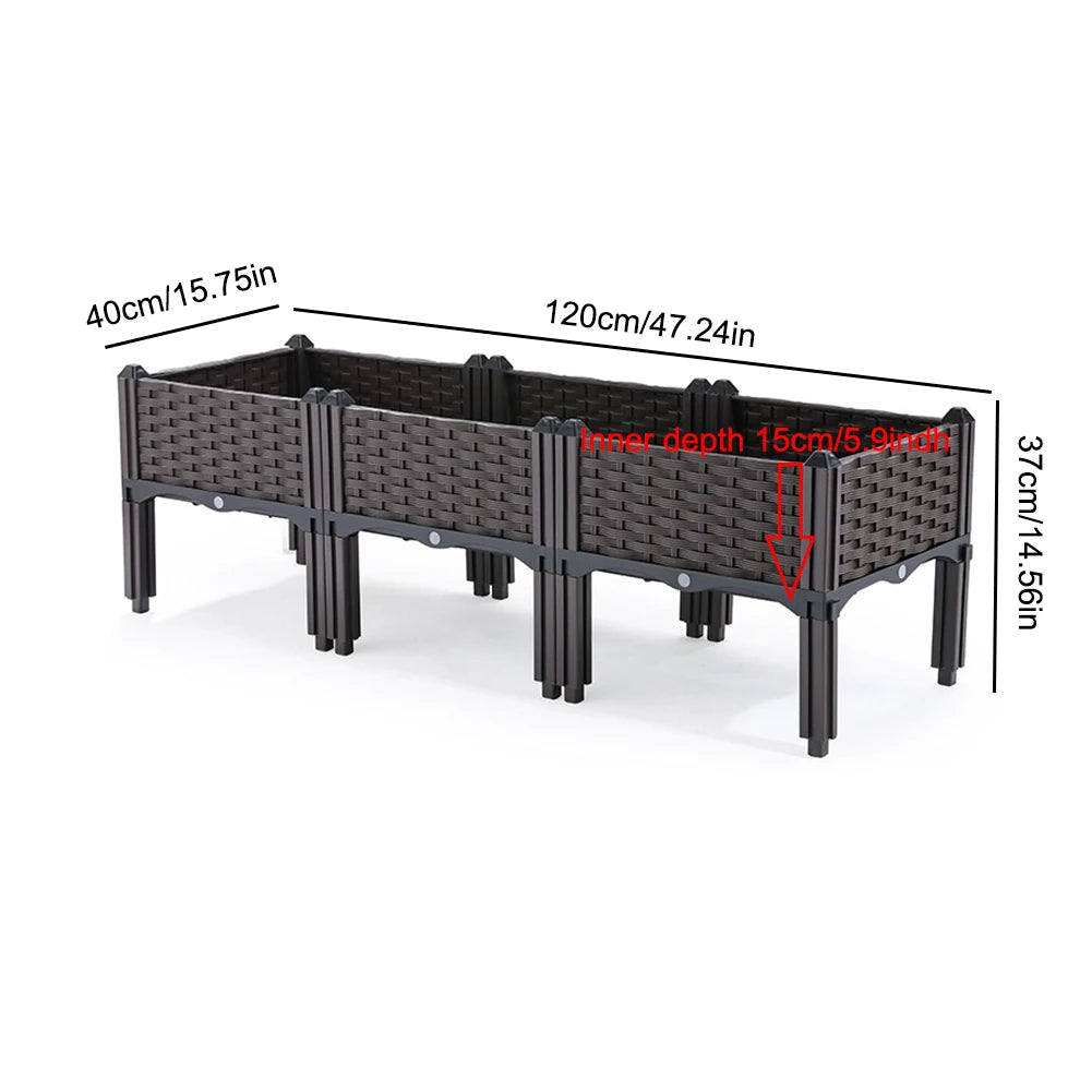 A rectangular dark brown plastic raised garden bed with legs shown from the side.