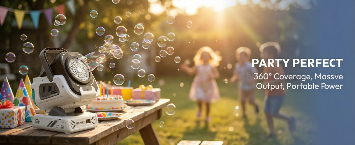 A white bubble machine is shown on a wooden table with bubbles floating in the air outdoors.