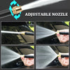 A hand is using an adjustable nozzle on a high-pressure car wash gun to spray water onto a car surface.