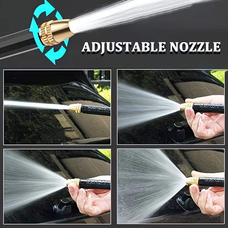 A hand is using an adjustable nozzle on a high-pressure car wash gun to spray water onto a car surface.