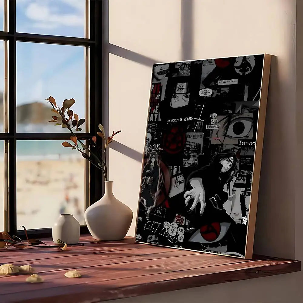 A canvas art print featuring a dark, vintage style illustration with stylized faces and text on a wooden shelf.