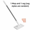 A white flat mop with a long handle and a cleaning pad is shown next to a small piece of pink cloth.