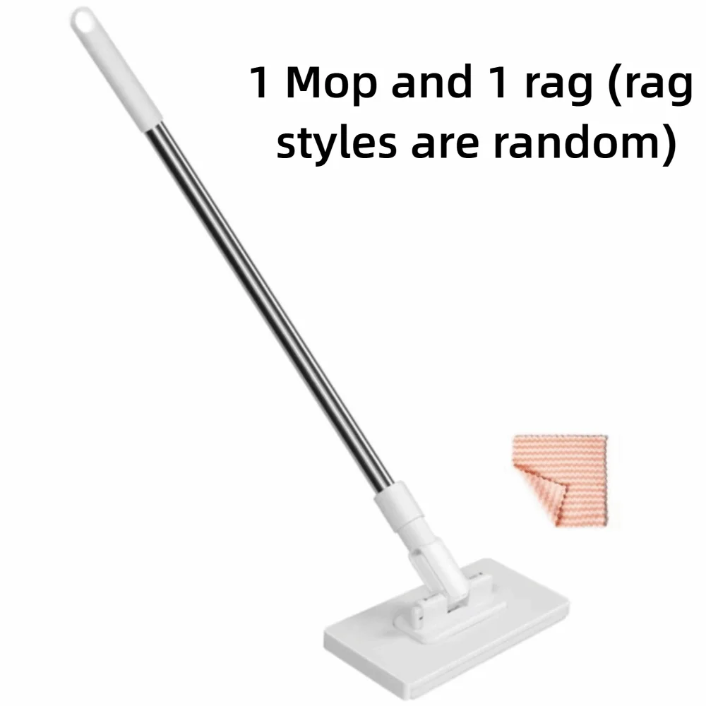A white flat mop with a long handle and a cleaning pad is shown next to a small piece of pink cloth.