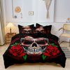 Black duvet cover featuring a large red and black sugar skull design with floral accents