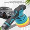 A cordless electric car polishing machine with a blue and black body and orange pad is shown next to a car.