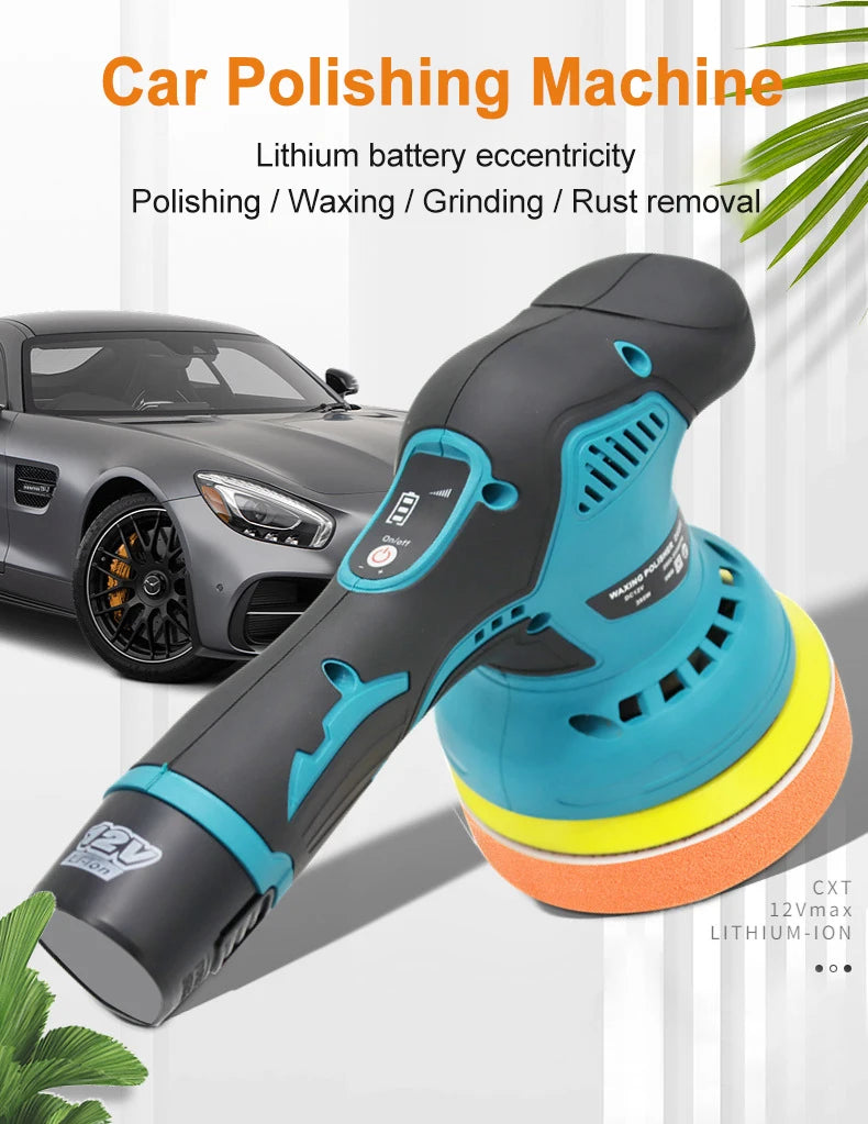 A cordless electric car polishing machine with a blue and black body and orange pad is shown next to a car.