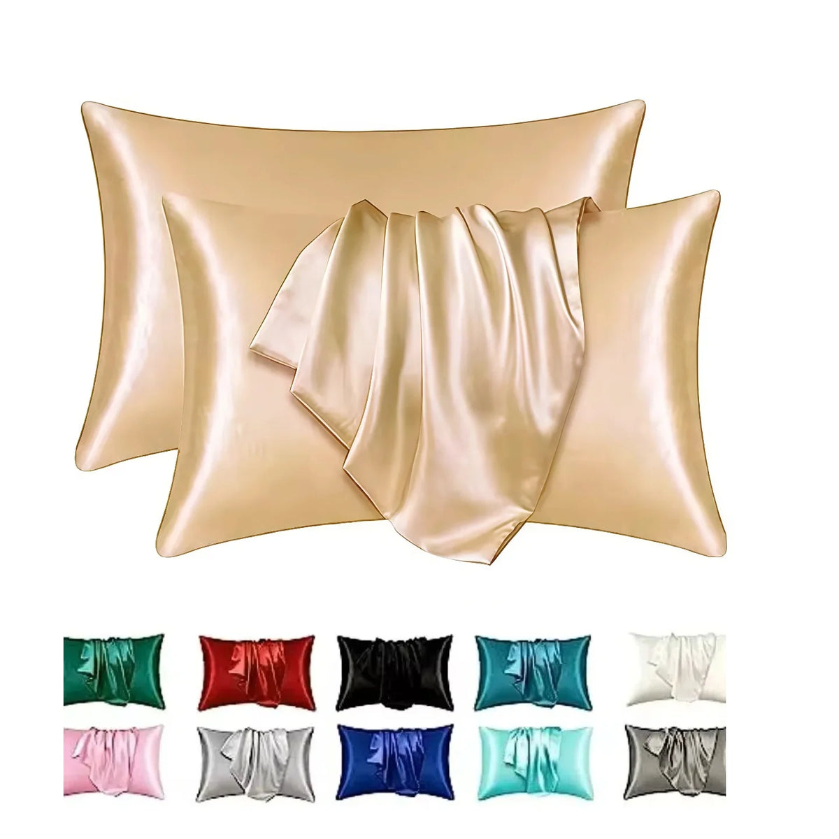 A set of silky smooth satin pillowcases in various shades including gold, pink, green, red, black, and blue.