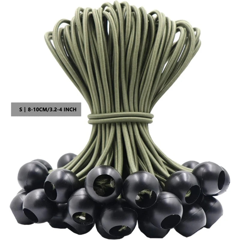 A bundle of heavy-duty, UV-resistant ball bungee cords in olive green, with several individual cords visible.