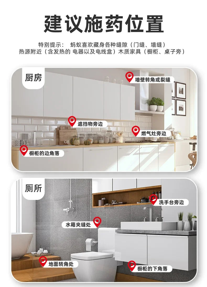Diagram showing placement of high-strength ant bait in various household and garden areas like rooms, bathrooms, and kitchens