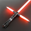 A metal-hilt lightsaber with a glowing red blade crossed in an 'X' shape against a dark background.