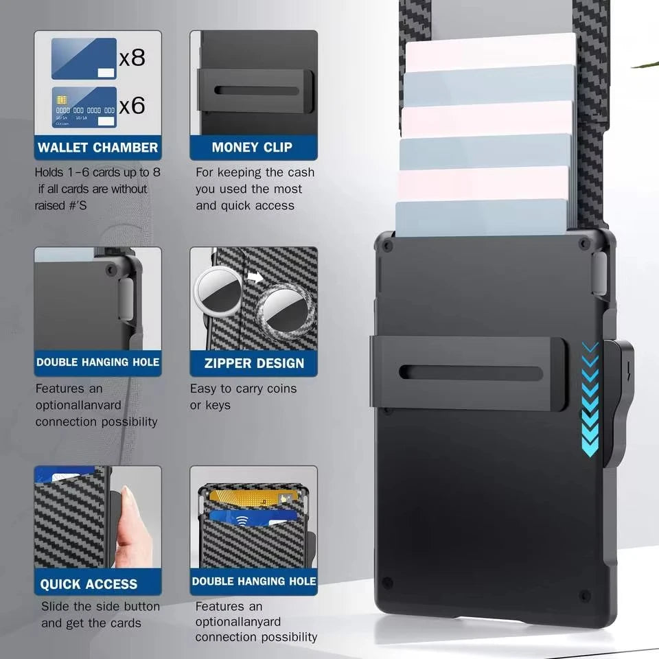 محفظة قابلة للطي من ألياف الكربون السوداء تعمل بتقنية RFID، مزودة بحجرة للمحفظة، ومشبك نقود، ووصول سريع.