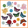 A collection of embroidered iron-on patches featuring various flowers and butterflies in shades of pink, blue, yellow, green,