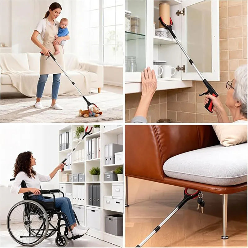 A woman uses a foldable grabber tool to pick up trash and perform garden cleanup.