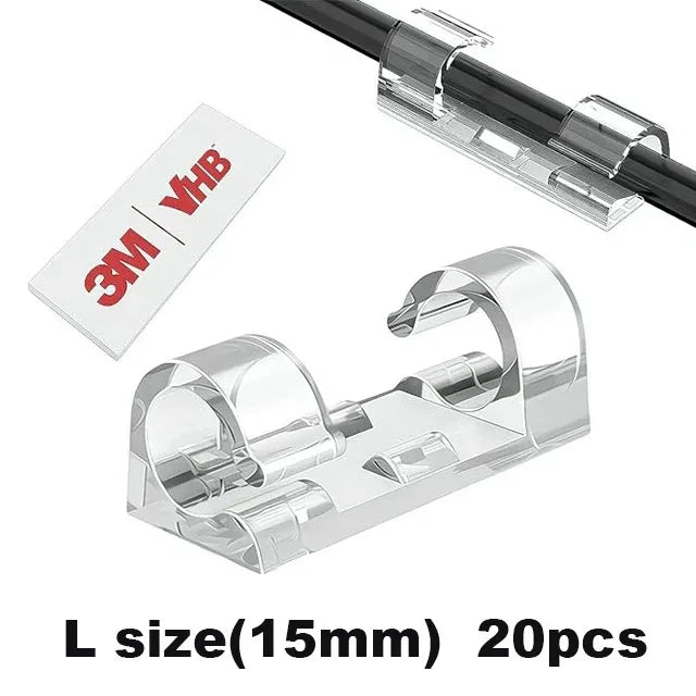 Clear plastic L size 15mm cable clips for cord management, sold in a pack of 20 pieces.