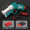A teal toy gun is shown with empty cartridge cases and soft bullet shells.
