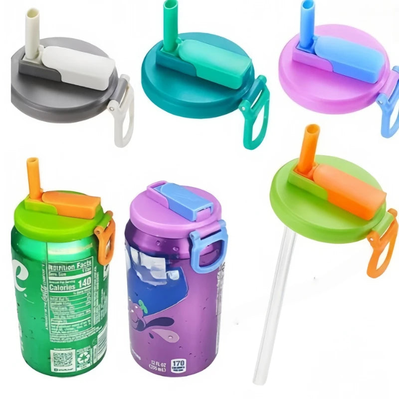 Reusable silicone can lid with straw for soda, beer & juice in various colors