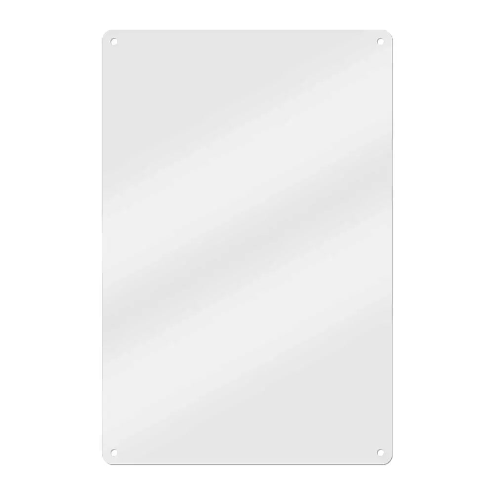 A rectangular, silver-colored metal mirror or sign with a smooth reflective surface.