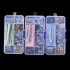 A clear plastic kit containing various glasses repair tools including nose pads, screws, and precision instruments.