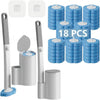 A set of disposable toilet brushes, including a wall-mount holder and 18 blue refill pads.