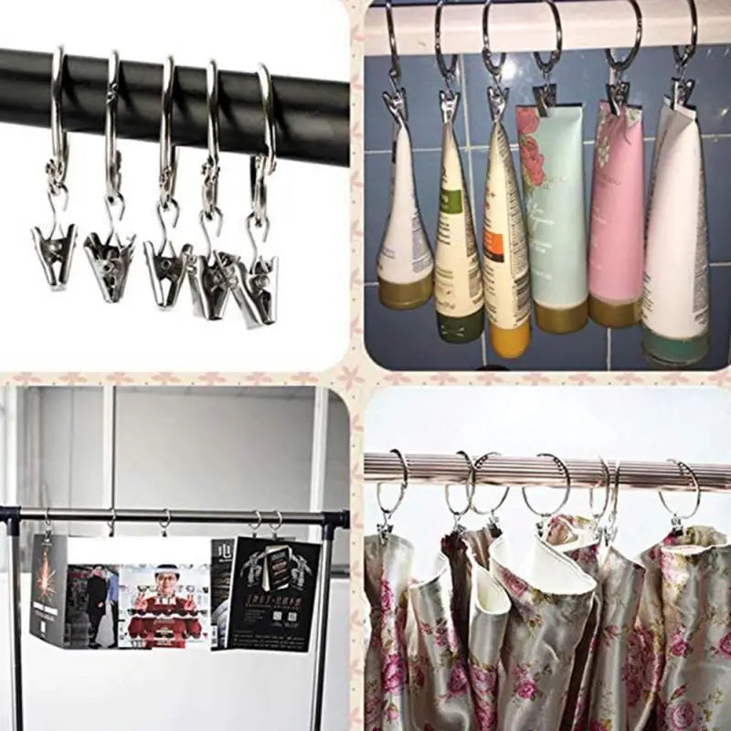 Anillos y clips de metal para colgar tela de cortinas en una barra.