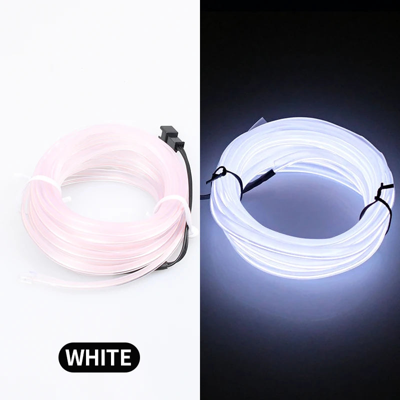 A flexible white LED light strip coiled in a circular shape, showing its illumination against a dark background.