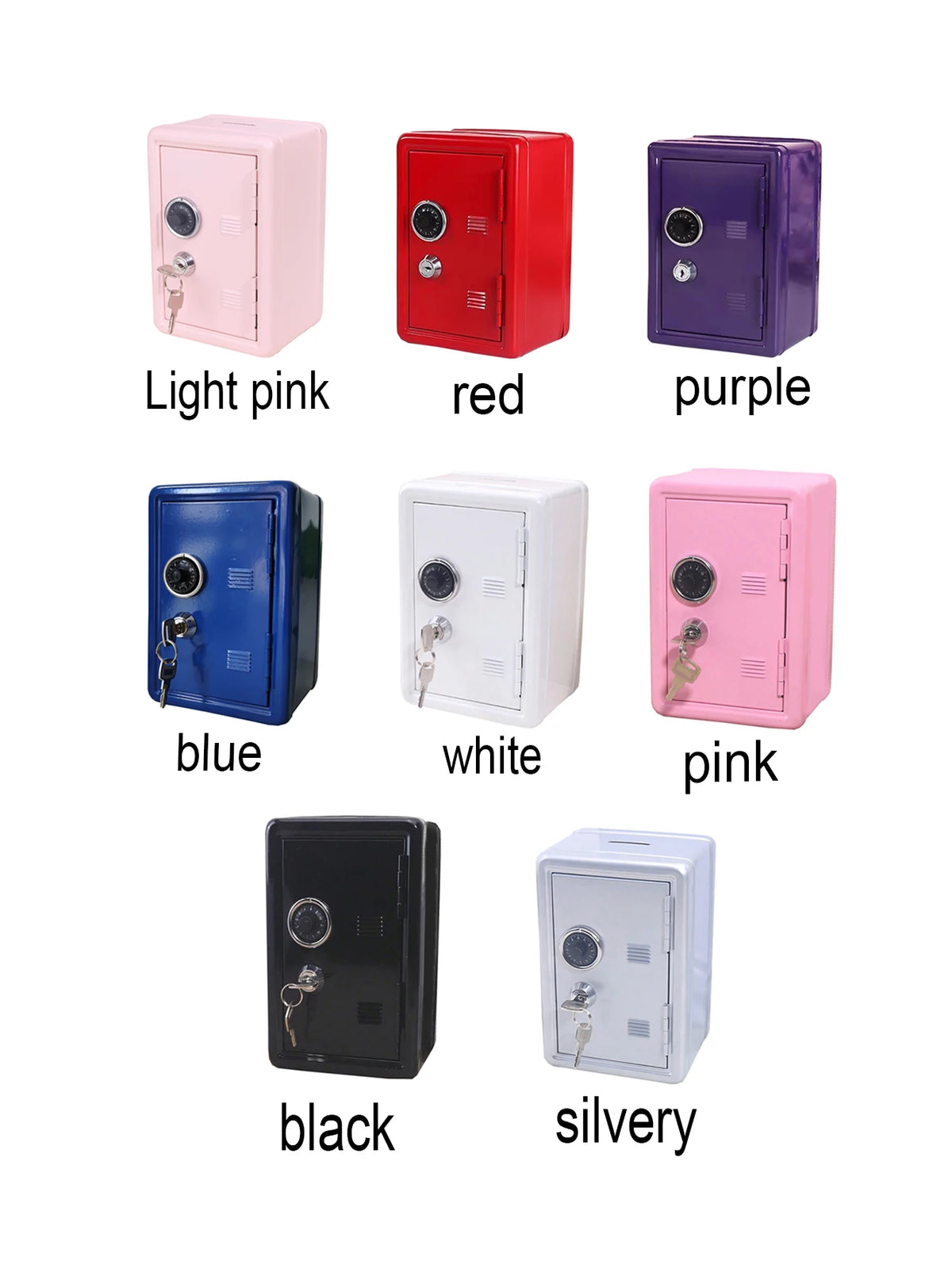 A collection of vintage metal piggy banks in various colors including light pink, red, purple, blue, white, pink, black, and 