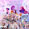 A colorful music-themed birthday party decoration kit featuring female characters and glittery elements.