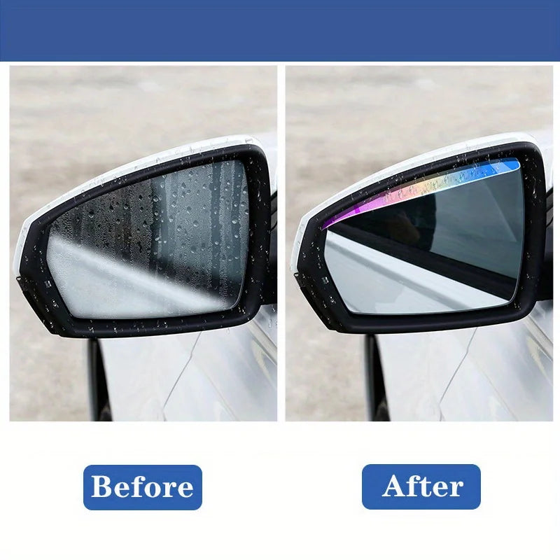 Before and after comparison of flexible PVC rain guards installed on a car side mirror.