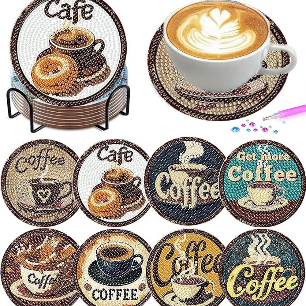 DIY Diamond Art Coaster Set with Holder – 8 Acrylic Coasters for Home Decor and Gifting