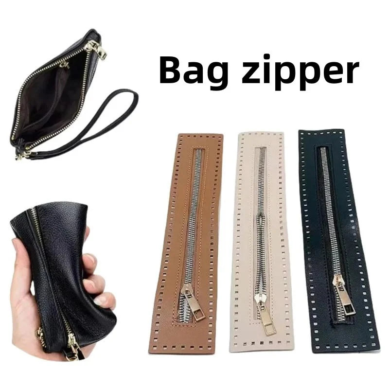 A set of leather zippers for handbags and sewing projects shown in various lengths and colors.