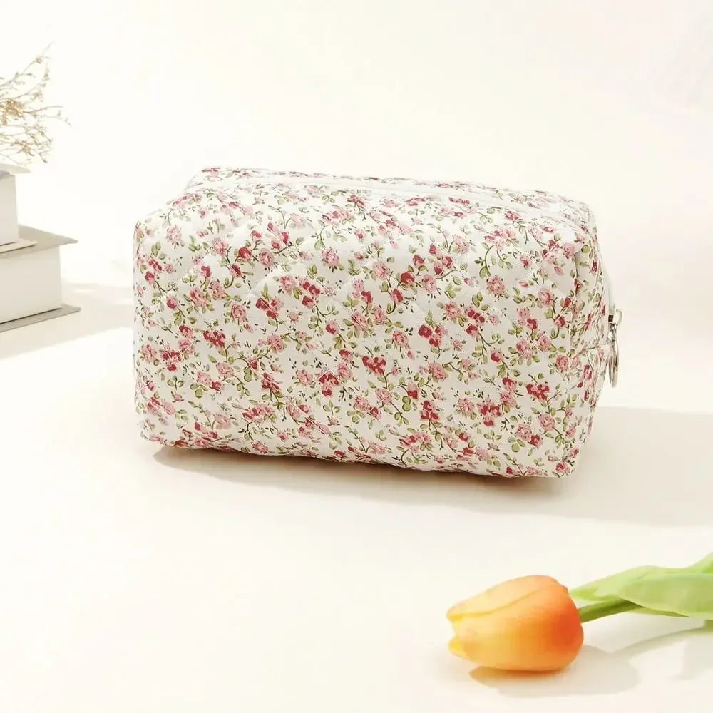 Quilted Floral Makeup Bag with Zipper Closure