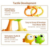 A set of soft silicone teether toys featuring baby animals in orange and yellow colors for tactile development.