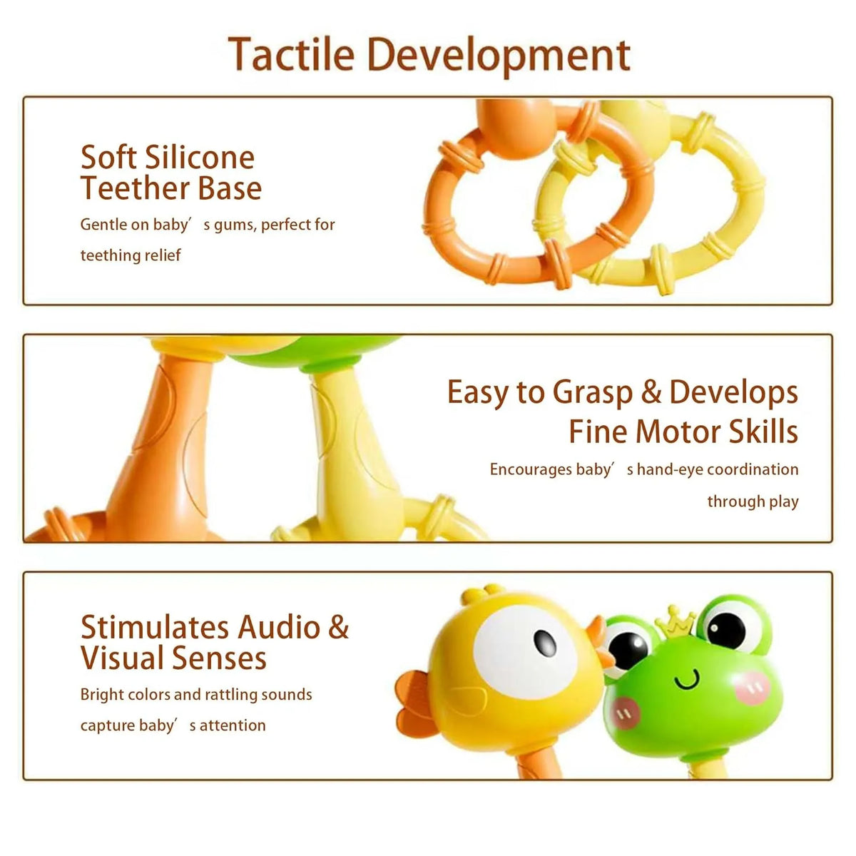A set of soft silicone teether toys featuring baby animals in orange and yellow colors for tactile development.