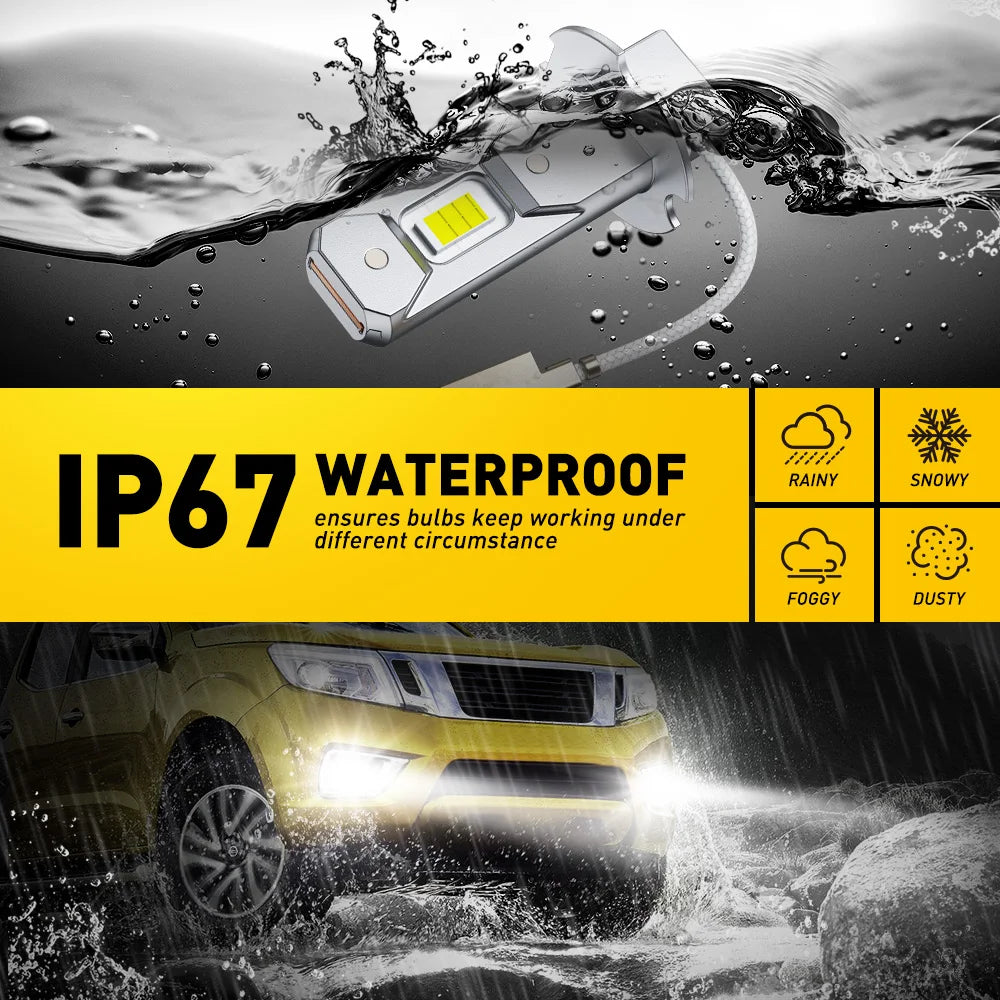 A yellow car's fog light is illuminated while driving through water spray.