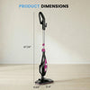 A black and pink 10-in-1 steam mop and handheld cleaner with a long pole and flat base.