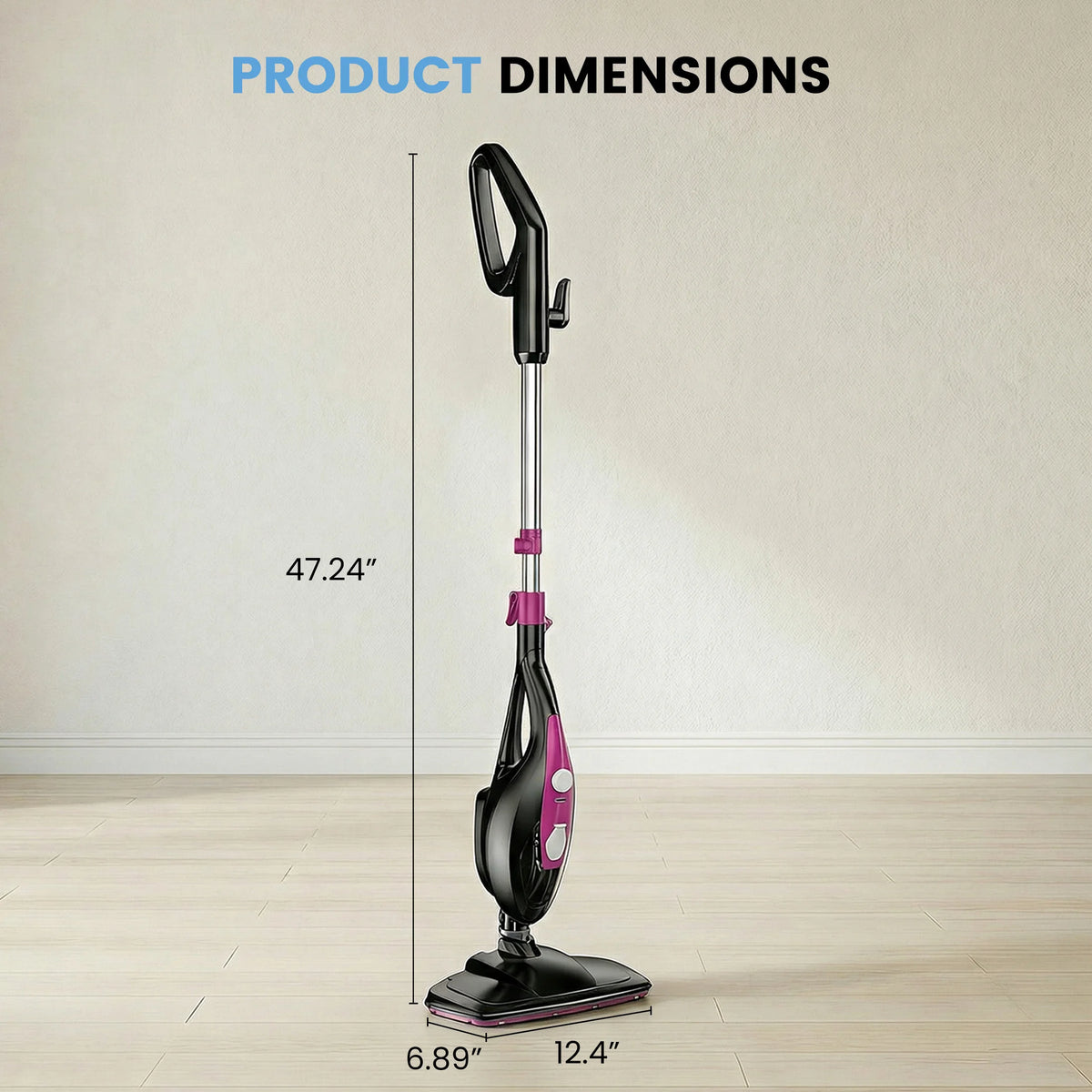 A black and pink 10-in-1 steam mop and handheld cleaner with a long pole and flat base.