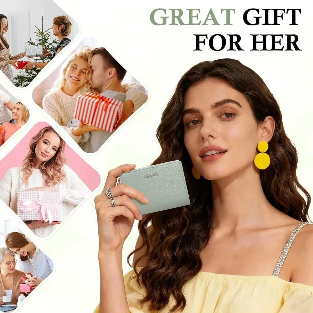 A woman holds a light green slim bifold RFID-blocking wallet for women against a white background.