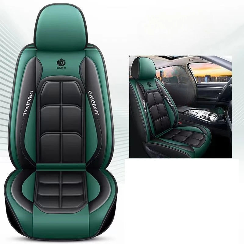 A green and black universal car seat cover for a vehicle interior, shown in detail.