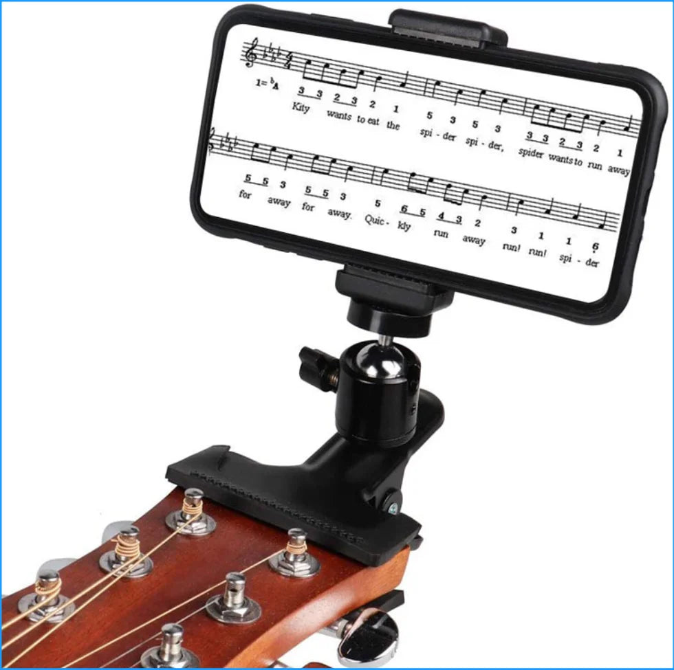 An adjustable guitar phone mount with a staff displaying musical notes and lyrics for hands-free viewing.