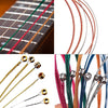 A collection of guitar accessories including strings, a capo, and picks shown in various colors.