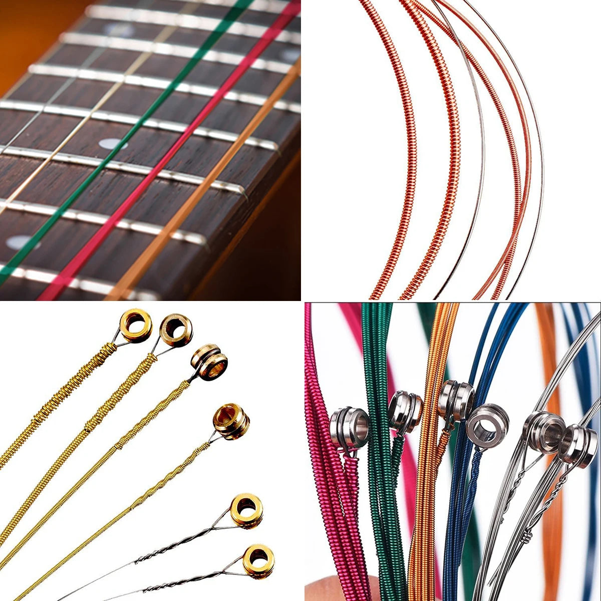 A collection of guitar accessories including strings, a capo, and picks shown in various colors.