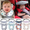 A collection of various baby car seat head and neck support pillows with safety straps.