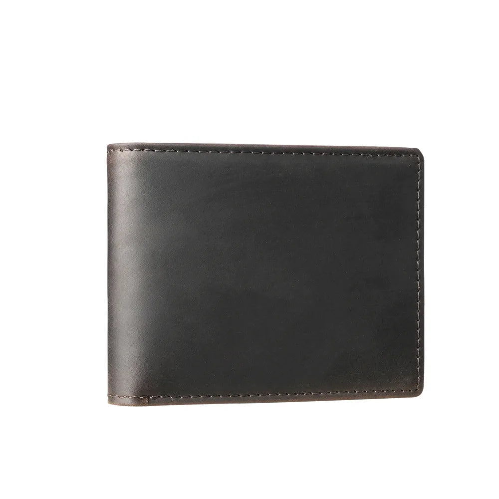 A dark gray men's genuine cowhide leather bifold wallet with a retro finish.