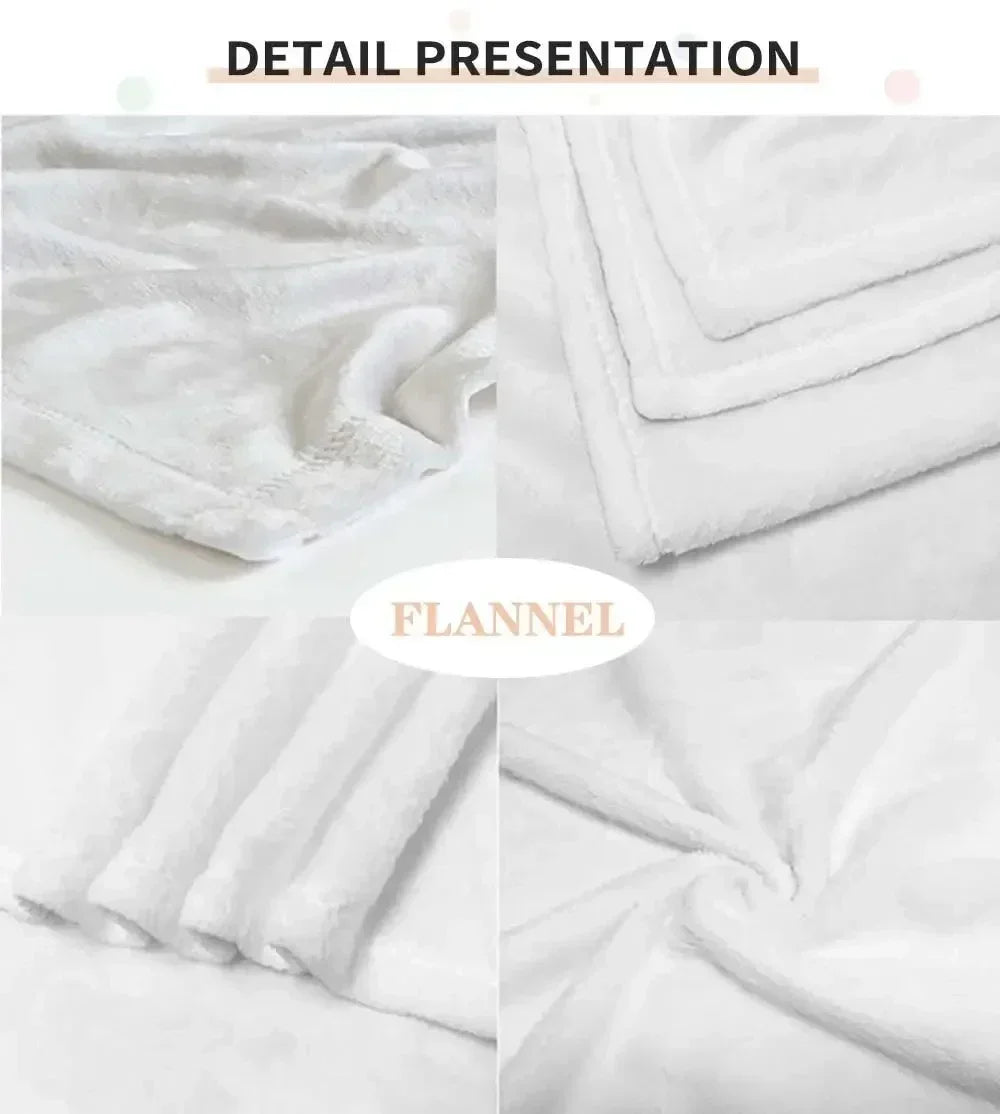 Close-up detail presentation of soft white flannel blankets and throws.