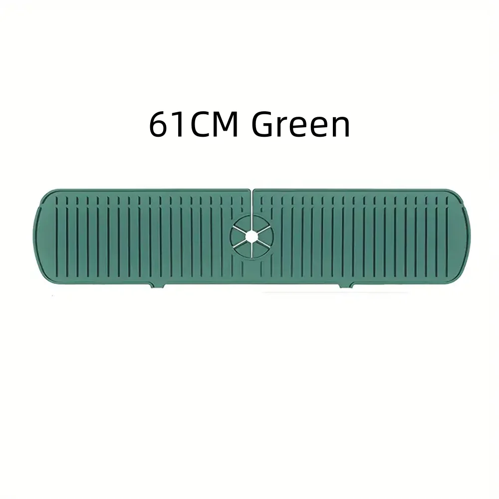 A green silicone faucet drain mat measuring 61cm, designed for countertop protection.