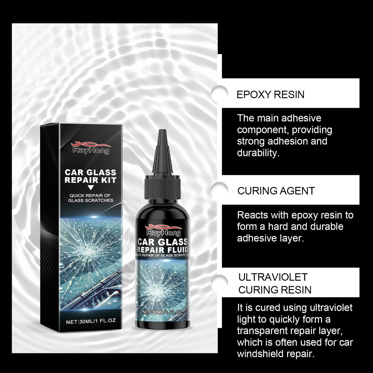 Windshield Repair Kit with UV Resin for Chips and Cracks